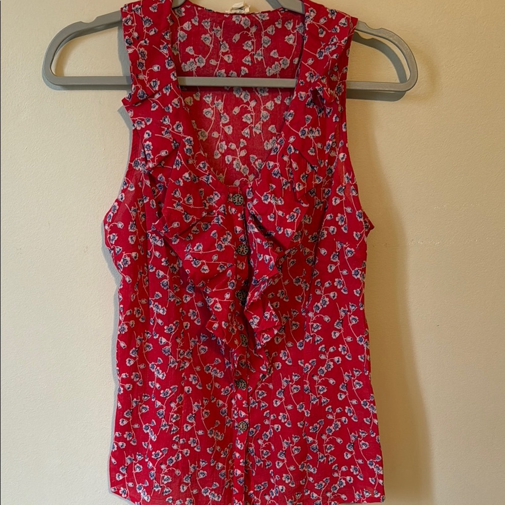 Red Ruffled Buttoned Tank Top